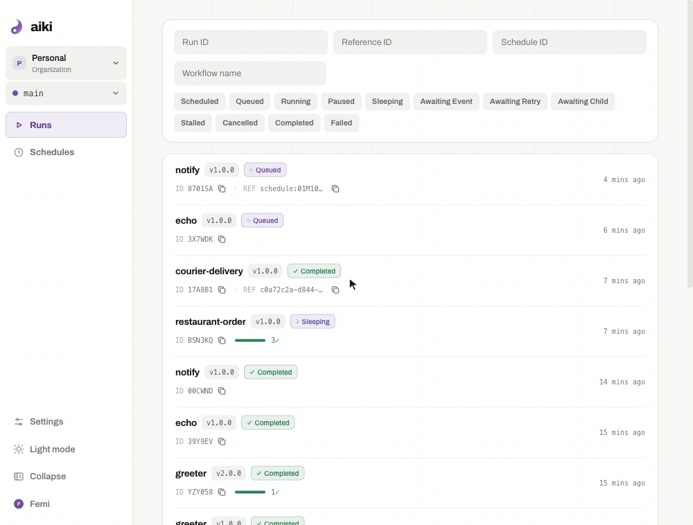 Aiki dashboard — run detail view